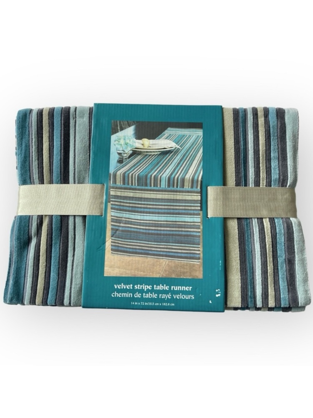 Pier 1 Imports Velvet Stripe Table Runner Blue Gray Tan Navy 14x72” SKU 2180152
